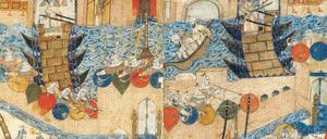 Harte Zeiten. Eroberung Bagdads durch die Mongolen, 1258. Doppelseitige Illustration aus der persischen Handschrift des Raschid-ad-Din, „Gami’ at-tawarih“, Täbris (?), 14. Jh., bewahrt in der Orientabteilung der Staatsbibliothek Berlin. 