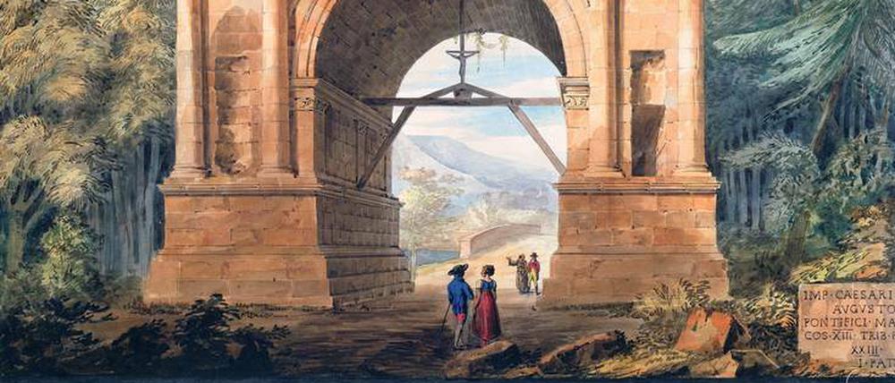 Anschauungsunterricht. Den Augustusbogen (Aosta) zeichnete John Soanes Mitarbeiter Henry Seward im Januar 1807. Insgesamt verlangte Soane seinen Mitarbeitern 1500 Zeichnungen ab. In Berlin wird eine Auswahl von 27 gezeigt.