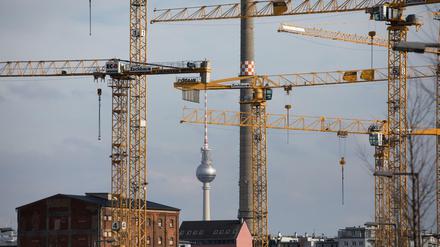 Blick auf die Baukräne des Bauprojekts "Heidestraße".