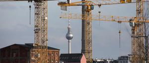 Blick auf die Baukräne des Bauprojekts "Heidestraße".