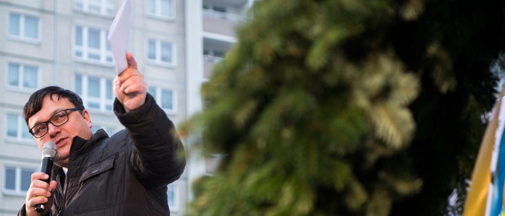 Michael Grunst im Januar 2017 bei einem Richtfest für ein Hochhaus-Neubau mit 113 Wohnungen in Lichtenberg.