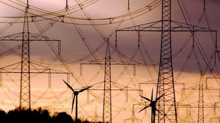 Strommasten und Windräder, hier aufgenommen nahe Peitz in Brandenburg: Die Investitionen in den Ausbau wird von der Bundesnetzagentur überwacht, sogar die Höhen der Renditen müssen von ihr genehmigt werden. Ein Gericht zeigte der Behörde nun aber Grenzen auf.