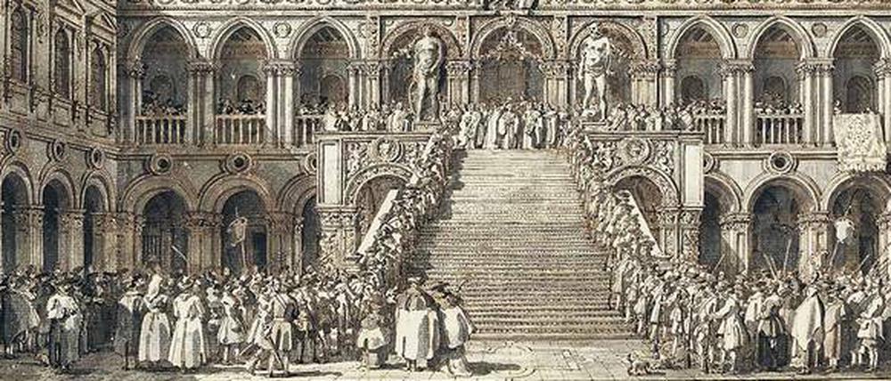 Canalettos Stichvorlage „Krönung des Dogen auf der Scala dei Giganti“ (um 1766) ist nur 389 mal 554 Millimeter groß. 3,9 Millionen Euro ruft die Londoner Galerie Jean-Luc Baroni dafür auf.