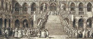 Canalettos Stichvorlage „Krönung des Dogen auf der Scala dei Giganti“ (um 1766) ist nur 389 mal 554 Millimeter groß. 3,9 Millionen Euro ruft die Londoner Galerie Jean-Luc Baroni dafür auf.