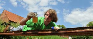 Seit etliche Tagebaue dicht sind und das Wasser wieder ansteigt, geraten Schwefelsalze und Eisenocker in die Spree. Hier nimmt ein Umweltschützer eine Probe bei Egsdorf.