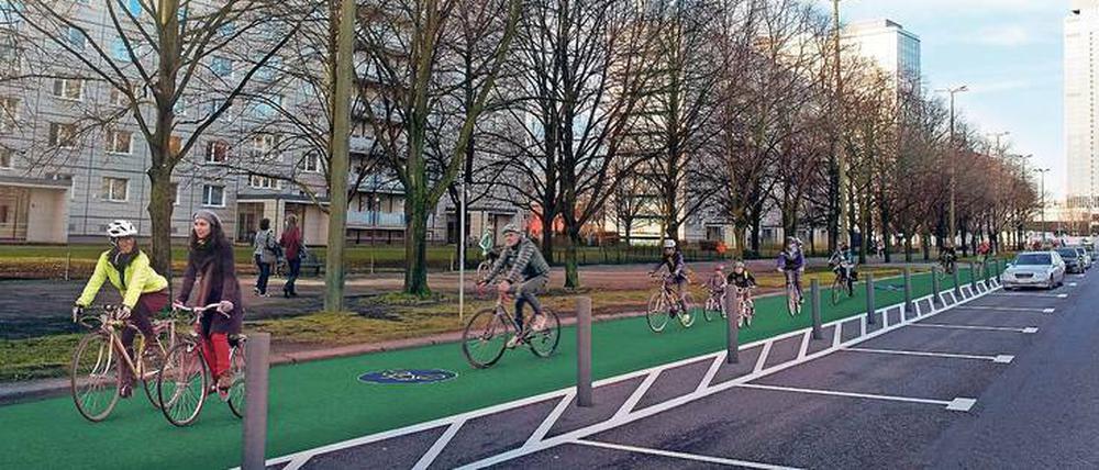 An der Karl-Marx-Allee soll es zwischen der Otto-Braun-Straße und dem Strausberger Platz neue Radfahrstreifen geben.