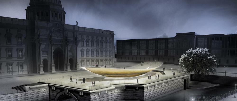 Die Computergrafik zeigt das geplante Freiheits- und Einheitsdenkmal vorm Humboldt-Forum, die sogenannte "Einheitswippe".