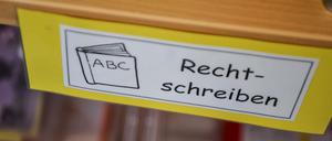 "Rechtschreiben": Ein Schild an einem Schulregal.
