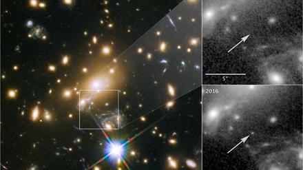 Ikarus (der offizieller Name lautet MACS J1149+2223 Lensed Star 1) ist der am weitesten entfernte Stern, den Menschen bislang identifizieren konnten. Rechts oben der Weltraumausschnitt im Jahr 2011 ohne Ikarus, aufgenommen mit dem Hubble-Weltraumteleskop. Rechts unten mit Ikarus, wie er sich mit Hilfe der Gravitationslinse 2016 zeigt.