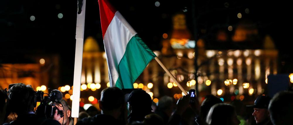 Anhänger Viktor Orbans und seiner Partei Fidestz jubeln nach dem Wahlerfolg am Sonntag in Budapest.