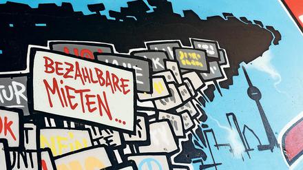 Ein Graffiti für bezahlbare Mieten am Kottbusser Tor in Berlin-Kreuzberg.