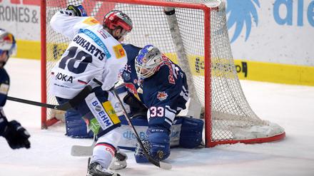Rihards Bukarts von den Eisbären Berlin und Danny aus den Birken vom EHC Red Bull München während des Final-Spiels zwischen EHC Red Bull München und den Eisbären Berlin.