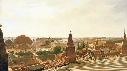 Eduard Gaertners „Blick vom Dach der Friedrich-Werderschen Kirche auf das Friedrichsforum“ von 1835