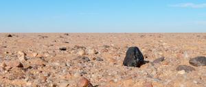 Bruchstück (schwarz) des Meteoriten "2008 TC3", der vor knapp zehn Jahren in der Nubischen Wüste einschlug, und von den Urplaneten im frühen Sonnensystem zeugt.
