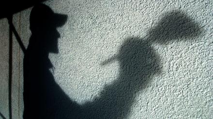 Der Schatten eines Malers ist auf einer Hauswand.