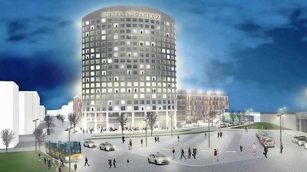 Der Bahnhof Südkreuz (ganz rechts am Bildrand) ging 2006 in Betrieb. 14 Jahre danach soll er die ersten Nachbarbauten bekommen. Dieses Hotel ist direkt am Hildegard-Knef-Platz, dem Bahnhofsvorplatz, geplant. Angrenzend könnte die neue Zentrale der BSR entstehen. 