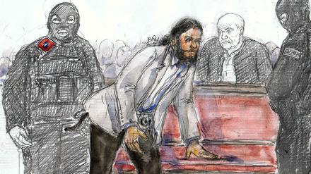 Eine Gerichtsskizze des mutmaßlichen Paris-Attentäters Salah Abdeslam vom Februar 2018. 