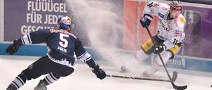 Vielleicht klappt es ja mit dem Vernebelungstrick. Eisbär Jonas Müller (r.) macht Münchens Keith Aulie nass. 