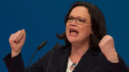 Andrea Nahles während ihrer Bewerbungsrede beim Außerordentlichen Bundesparteitag der Sozialdemokratischen Partei Deutschlands (SPD).