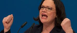 Andrea Nahles während ihrer Bewerbungsrede beim Außerordentlichen Bundesparteitag der Sozialdemokratischen Partei Deutschlands (SPD).