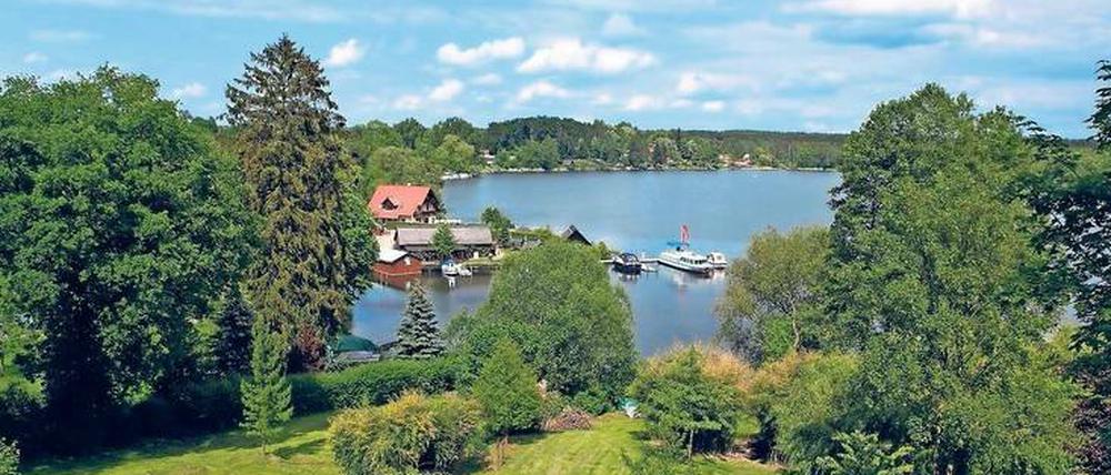 Grüne Hügel, blaues Wasser, tief unten der Fischerhof: Flecken Zechlin zählt zu den den schönsten Orten auf der Mecklenburgischen Kleinseenplatte.