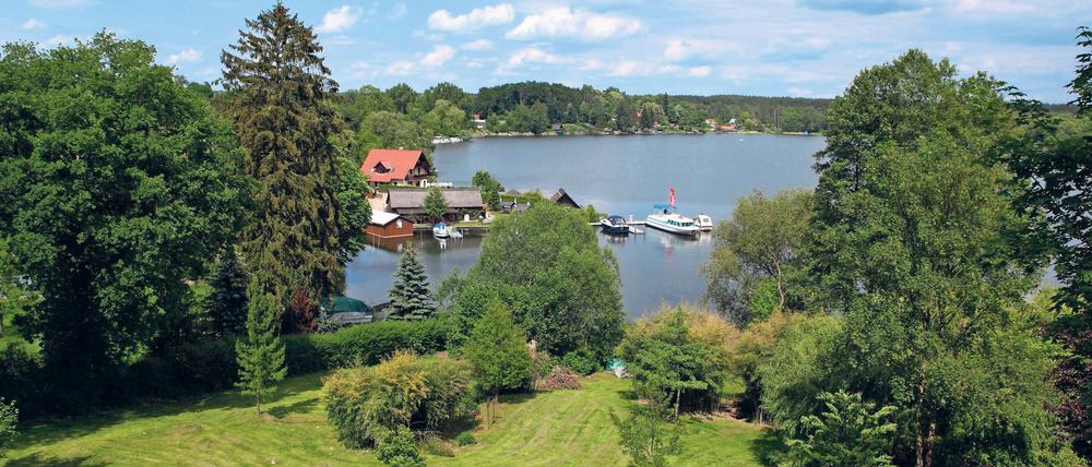 Endlich Durchatmen. Grüne Hügel, blaues Wasser, tief unten der Fischerhof: Flecken Zechlin zählt zu den den schönsten Orten auf der Mecklenburgischen Kleinseenplatte. Von wegen Mecklenburg. Das Dorf gehört ja noch zu Rheinsberg und damit zu Brandenburg. Die Ländergrenze verläuft etwas weiter nördlich, unterhalb von Canow. 
