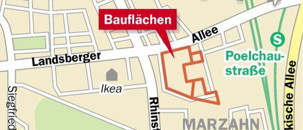 Die Brache an der Landsberger Allee wird gesäumt von denkmalgeschützten Gebäuden und erhaltenswerten Bäumen.