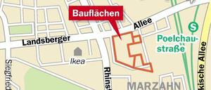 Die Brache an der Landsberger Allee wird gesäumt von denkmalgeschützten Gebäuden und erhaltenswerten Bäumen.