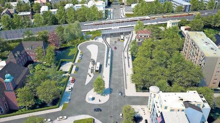 Die Simulation zeigt, wie die Bahnhofstraße in Lichtenrade die Gleise unterquert. Rechts befindet sich der Bahnhof.