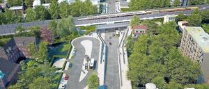 Die Simulation zeigt, wie die Bahnhofstraße in Lichtenrade die Gleise unterquert. Rechts befindet sich der Bahnhof.