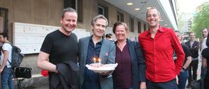 Kultursenator Klaus Lederer, Georg Scharegg, Angela Kittler und Michael Müller (v.l.) im Theaterdiscounter.