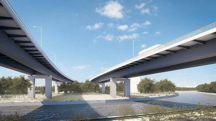 So sollen die neuen A100-Brücken aussehen. Die Arbeiten sind schwierig: „Hier gibt es alles, was Bauen eigentlich verhindert“, sagt der Bauchef – und meint: ICE-Gleise, die Schleuse Charlottenburg, Hochspannungsleitungen, Kleingärten. 