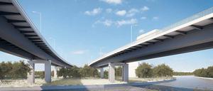 So sollen die neuen A100-Brücken aussehen. Die Arbeiten sind schwierig: „Hier gibt es alles, was Bauen eigentlich verhindert“, sagt der Bauchef – und meint: ICE-Gleise, die Schleuse Charlottenburg, Hochspannungsleitungen, Kleingärten.