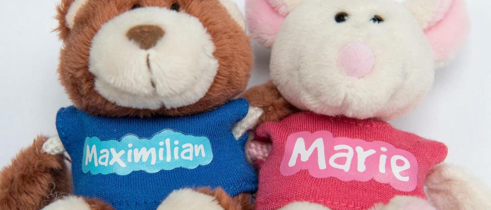 Auf zwei Plüschtieren stehen die Namen Maximilian und Marie.