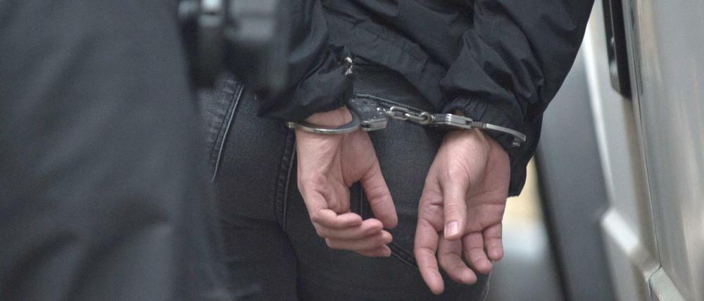 Ein Polizist hält einen Demonstranten in Handschellen fest. Weniger Straftaten, viele Verdächtige aus dem Ausland.