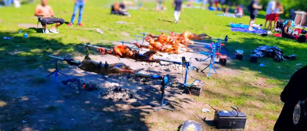 Schaf am Spieß. Dieses Festessen im Volkspark Friedrichshain wurde im Mai von der Polizei unterbrochen.