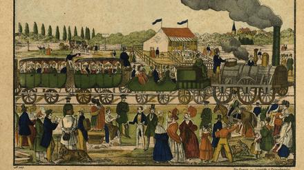 Klar zur Abfahrt! Am 29. Oktober 1838 startete die „Adler“-Lok vom Potsdamer Bahnhof zur Jungferntour nach Zehlendorf. Noch im selben Jahr erschien diese kolorierte Kreidelithografie im "Neuruppiner Bilderbogen". 