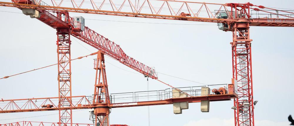 Dicht an dicht stehen Baukräne auf einer Baustelle in Frankfurt am Main. (Archiv)