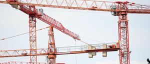 Dicht an dicht stehen Baukräne auf einer Baustelle in Frankfurt am Main. (Archiv)