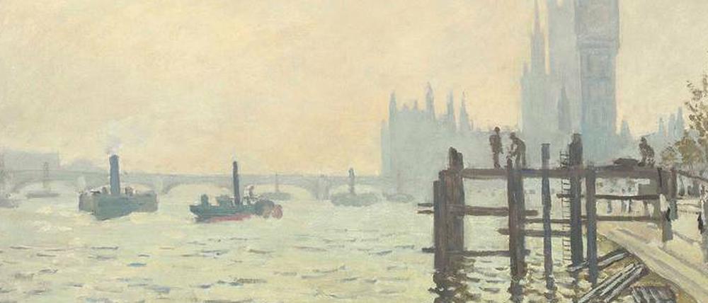 Zeuge der Industrialisierung. 1871 malte Monet das Parlament in London, mit Dampfschiffen auf der Themse. Rechts bauen Arbeiter das Embankment.