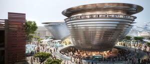 Im Traum ist alles bereits fertig: Blick auf die Animation des Mobility Pavillons der Expo in Dubai. Auch über die erwarteten Besucher weiß man dort schon Bescheid.