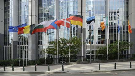 Nationalflaggen verschiedener europäischer Länder vor dem Europäischen Parlament in Brüssel als Symbol für künftige Europäische Universitäten.