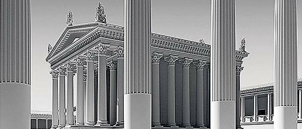 Das Trajaneum in Pergamon.  Ausschnitt aus einer Visualisierung, die noch bis zum 15. Juli im Antikenmuseum der Universität Leipzig zu sehen ist. und in der Langen Nacht der Ideen am 1. Juni in der Neuen Bauakademie. 