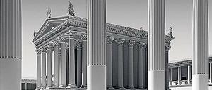 Das Trajaneum in Pergamon.  Ausschnitt aus einer Visualisierung, die noch bis zum 15. Juli im Antikenmuseum der Universität Leipzig zu sehen ist. und in der Langen Nacht der Ideen am 1. Juni in der Neuen Bauakademie. 