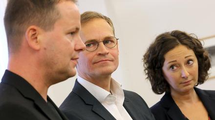 Klaus Lederer (Linke), Michael Müller (SPD) und Ramona Pop (Grüne) während der Koalitionsverhandlungen. 
