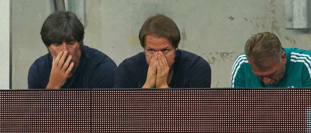 Zum Wegschauen. Joachim Löw, Thomas Schneider und Andreas Köpcke beim Spiel gegen Österreich.