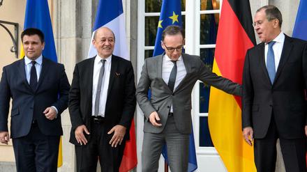 Die Außenminister Pawlo Klimkin (Ukraine), Jean-Yves Le Drian (Frankreich), Heiko Maas (Deutschland) und Sergej Lawrow (Russland). 