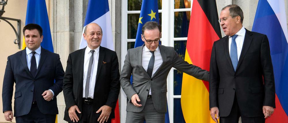 Die Außenminister Pawlo Klimkin (Ukraine), Jean-Yves Le Drian (Frankreich), Heiko Maas (Deutschland) und Sergej Lawrow (Russland).