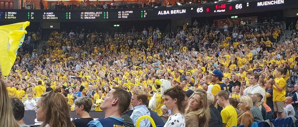 Volle Spannung. Kurz vor Schluss liegt Alba noch mit einem Punkt zurück und die Fans fiebern mit ihrer Mannschaft.