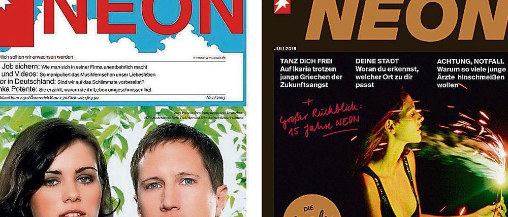 Zwischen diesen beiden Covern liegen 15 Jahre und eine junge Generation. Nach der letzten Ausgabe von „Neon“ wandert die Marke zu Neon.de ins Netz.